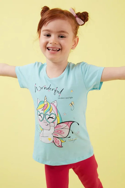 Lela Girl's Blue Cotton T-Shirt