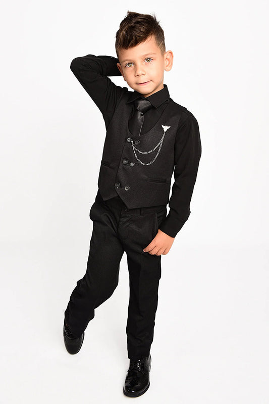 Entel Boy's Black Chain Tie Tuxedo Suit