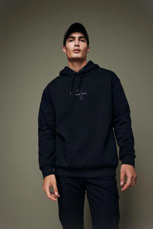 Defacto Men's Black Relax Fit Hooded Sweatshirt