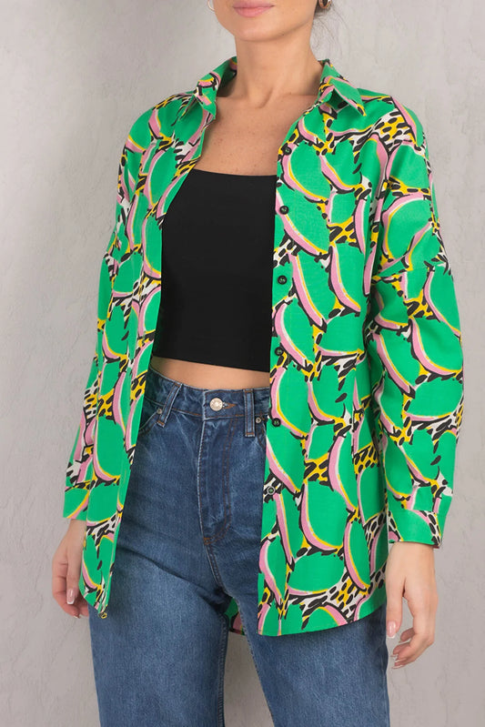 Armonika Women's Green Patterned Oversize Long Basic Shirt