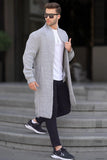 Madmext Men's Gray Stand-Up Collar Pocket Long Knitted Cardigan