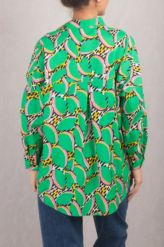 Armonika Women's Green Patterned Oversize Long Basic Shirt