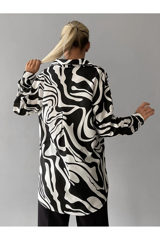 Armonika Women's Black Patterned Oversize Long Basic Shirt