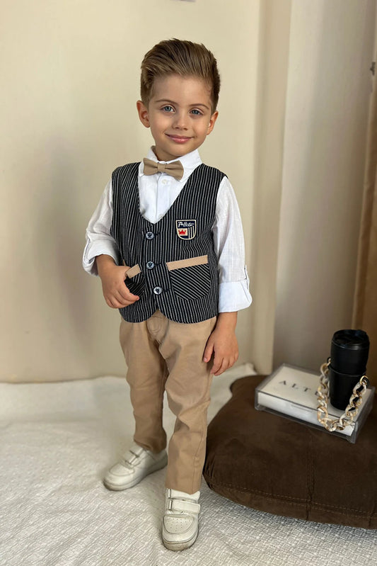 Pollito Boy's Striped Navy Blue Beige Two-Pocket Vest 4-Piece Suit