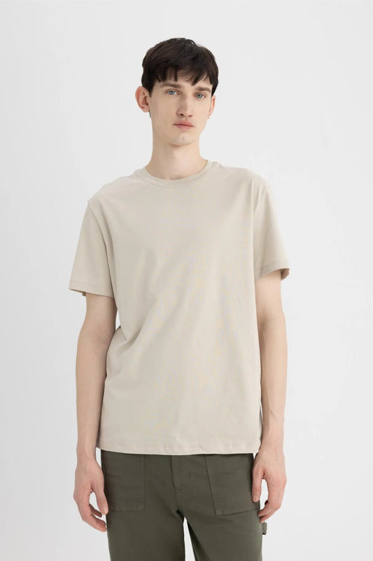 Defacto Men's Beige New Regular Fit 100% Cotton T-Shirt