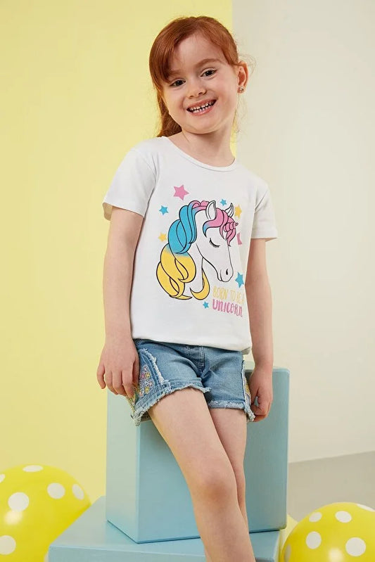 Lela Girl's White Printed Crew Neck Cotton T-Shirt