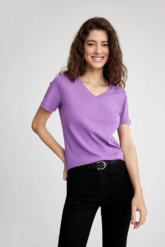 Defacto Women's Purple Slim Fit V Neck Short Sleeve T-Shirt