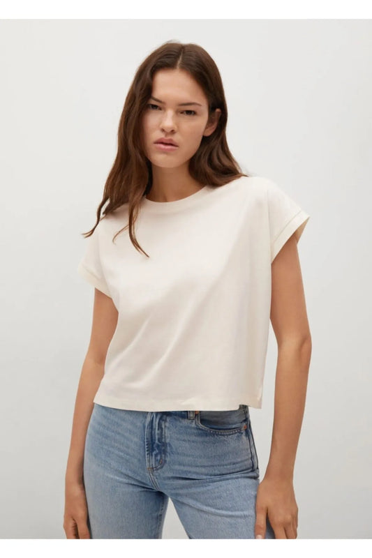 Mango Women's Ecru Casual Cotton T-Shirt
