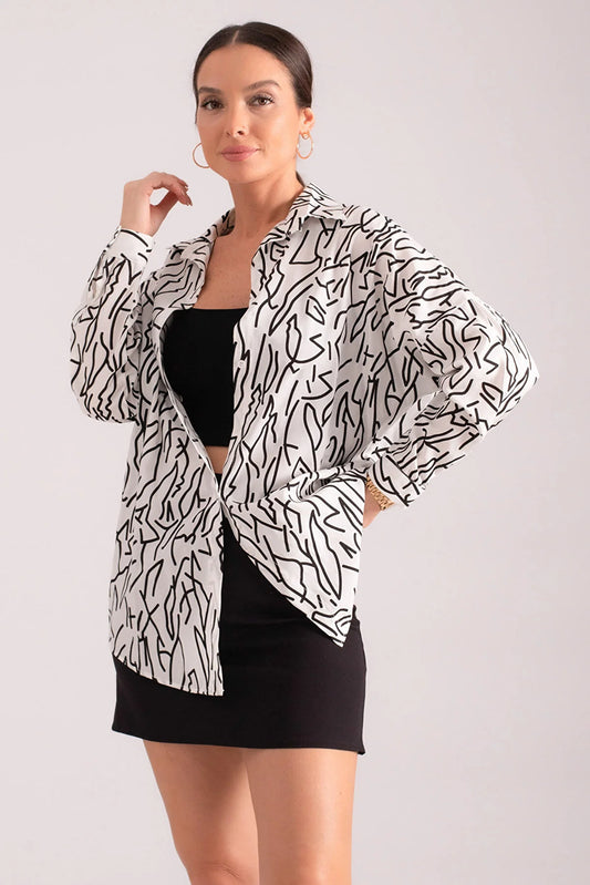 Armonika Women's White Patterned Oversize Long Basic Shirt