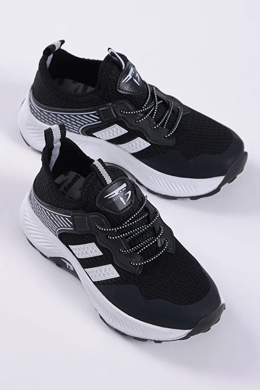 Tonny Black Boy's Black White Comfortable Breathable Fabric Lace-Up Sport Shoes