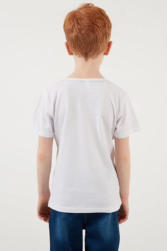 Lela Boy's White Printed Crew Neck 100% Cotton T-Shirt