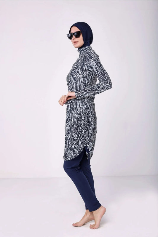 Tesmay Women's Navy Blue Gray Patterned Hijab Set of 4 Lycra Swimsuit Hijabs