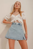 Trend Alacatı Style Women's Blue Slit Detailed Side Zipper Jean Shorts Skirt