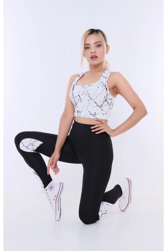 Buzzard Women's White Patterned Black High Waist Sport Leggings