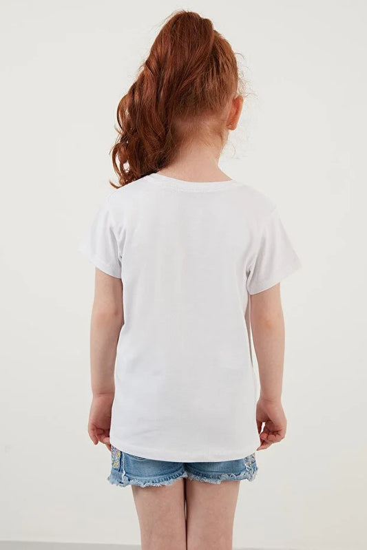 Lela Girl's White Printed Crew Neck Cotton T-Shirt