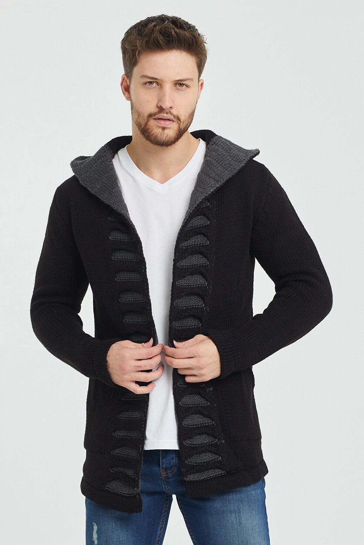 Tarz Cool Men's Black Patterned Poncho Knitwear Cardigan سترة