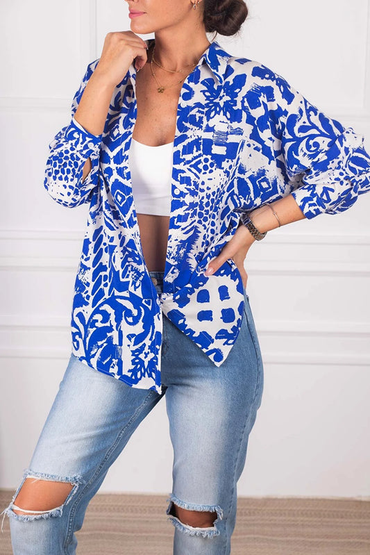Armonika Women's Saks Patterned Oversize Long Basic Shirt