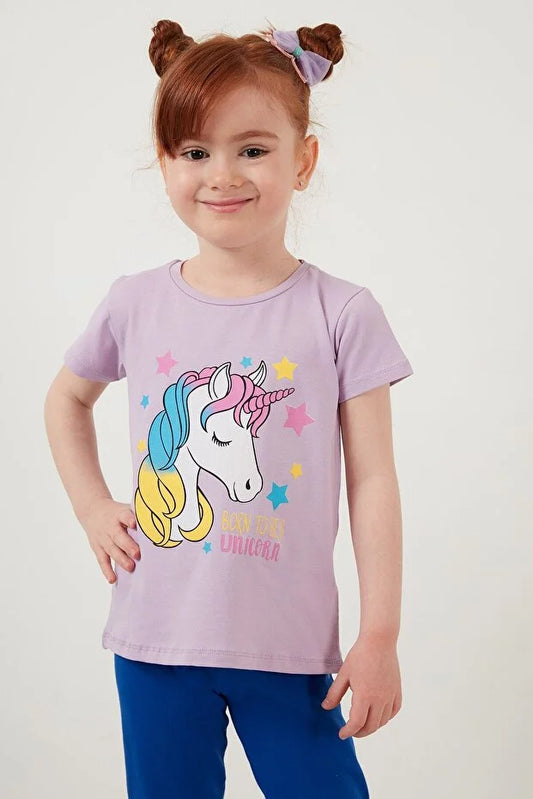 Lela Girl's Purple Printed Crew Neck Cotton T-Shirt