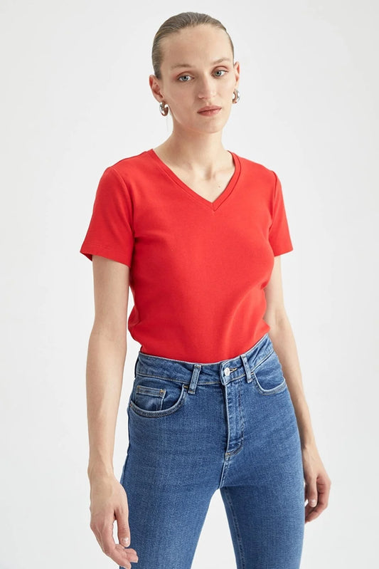 Defacto Women's Red Slim Fit V Neck Short Sleeve T-Shirt