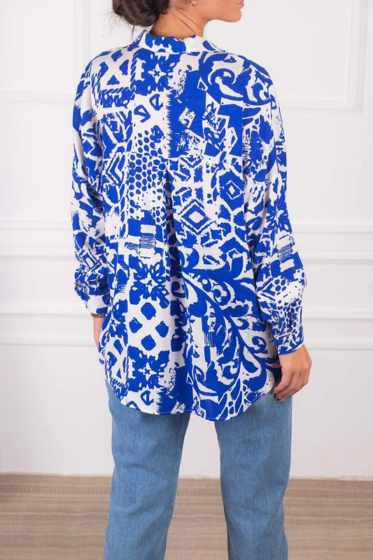 Armonika Women's Saks Patterned Oversize Long Basic Shirt