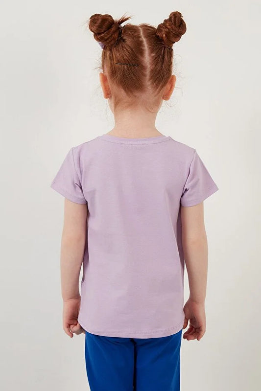 Lela Girl's Purple Printed Crew Neck Cotton T-Shirt
