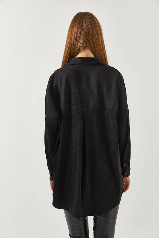 Armonika Women's Black Pocketed Oversize Velvet Long Basic Shirt