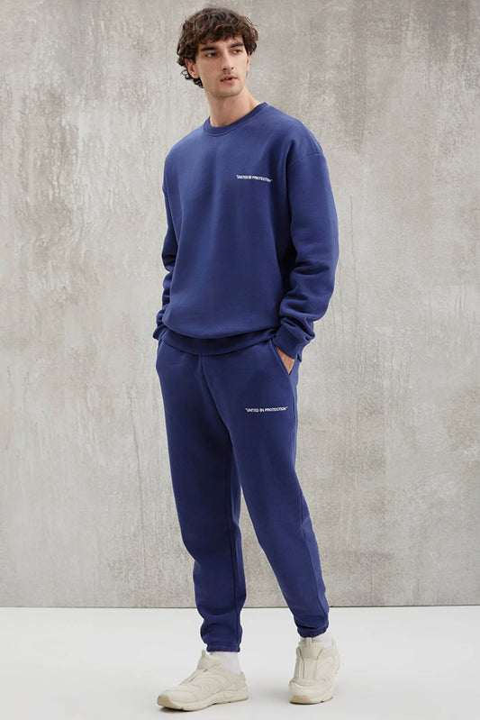 Grimelange Men's Navy Blue Soft Fabric Embroidered Tracksuit