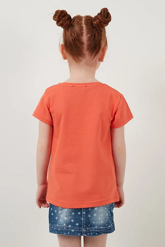 Lela Girl's Orange Printed Crew Neck Cotton T-Shirt