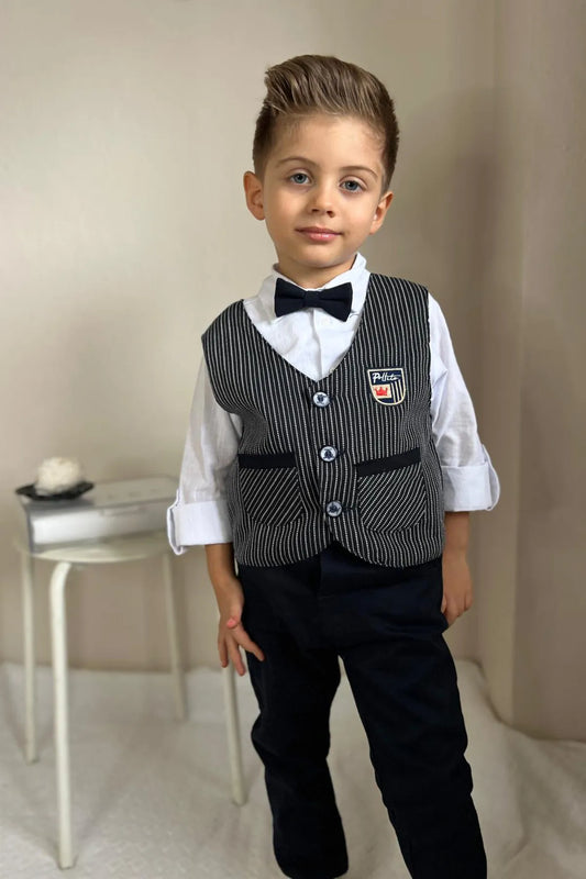 Pollito Boy's Striped Dark Navy Blue Two-Pocket Vest 4-Piece Suit