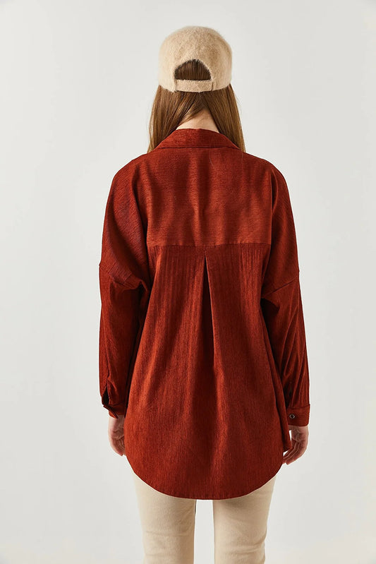 Armonika Women's Tile Pocketed Oversize Velvet Long Basic Shirt