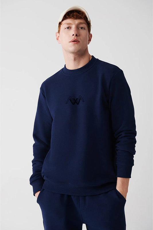 Avva Men's Navy Blue Raised Flock Printed Sweatshirt