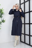 Imajbutik Women's Navy Blue Modest Hooded Fur Lined Drawstring Bondik Hijab Coat