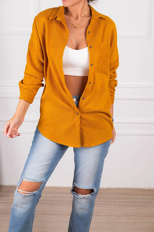Armonika Women's Mustarad Pocketed Oversize Velvet Long Basic Shirt
