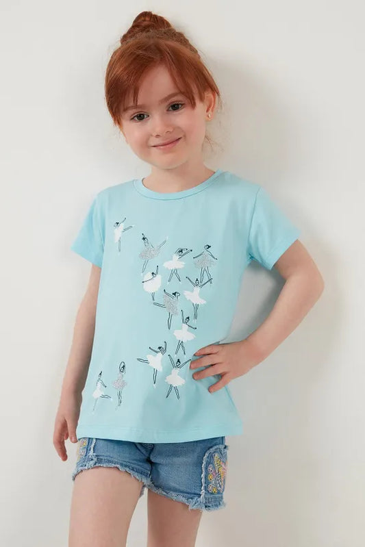 Lela Girl's Blue Printed Crew Neck Cotton T-Shirt