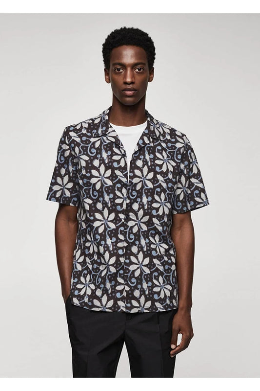 Mango Men's Patterned Bowling Collar Shirt