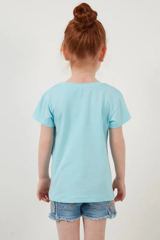 Lela Girl's Blue Printed Crew Neck Cotton T-Shirt