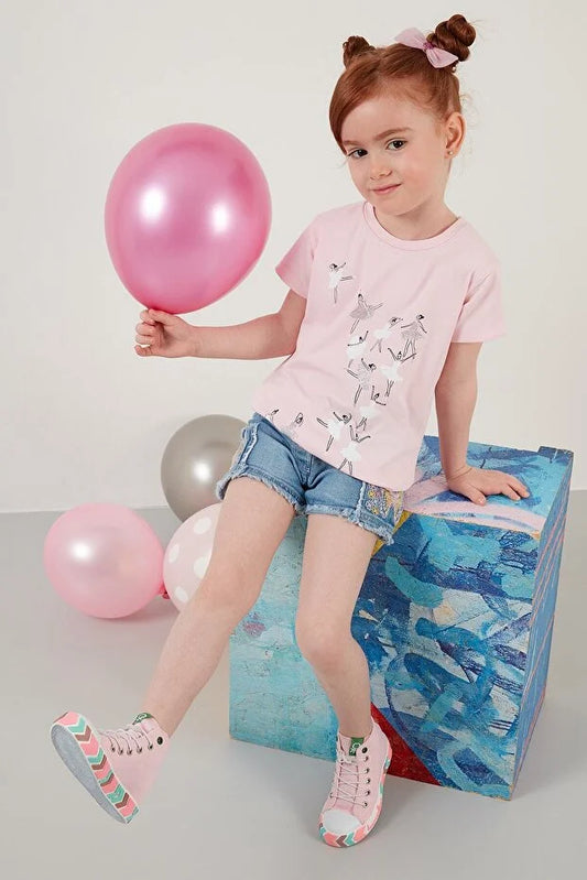 Lela Girl's Pink Printed Crew Neck Cotton T-Shirt