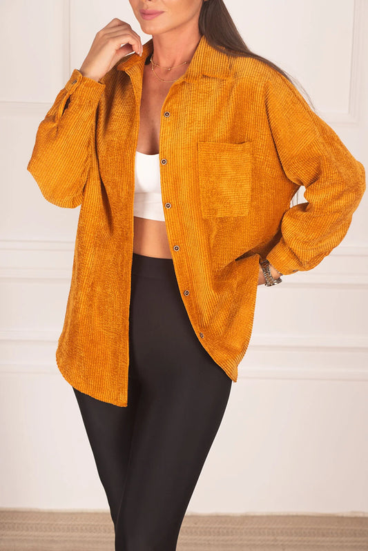 Armonika Women's Yellow Pocketed Oversize Velvet Long Basic Shirt