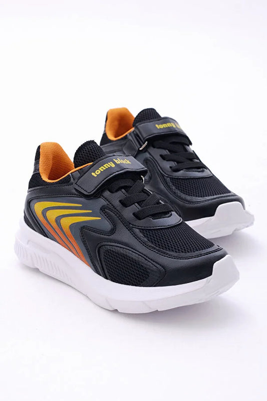 Tonny Black Boy's Black Orange Rubber Laced Velcro Sports Shoes