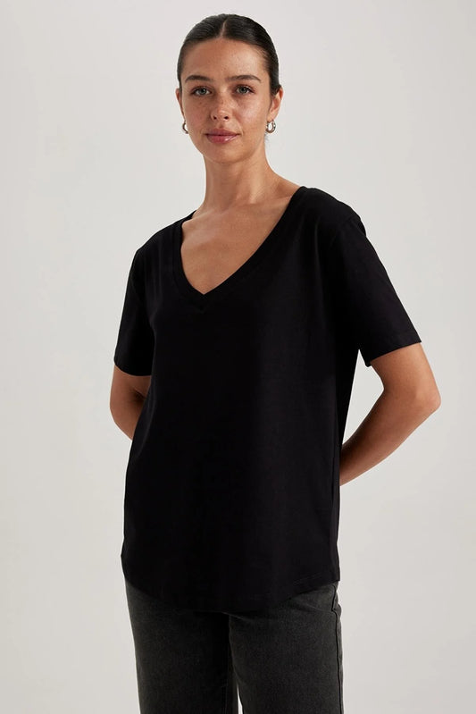Defacto Women's Black 100% Cotton T-Shirt