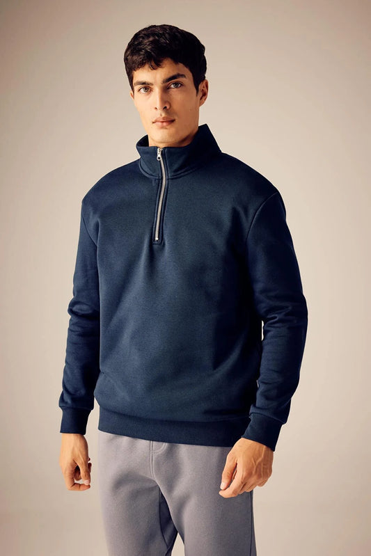 Defacto Men's Navy Blue Comfort Fit Zippered High Collar Sweatshirt