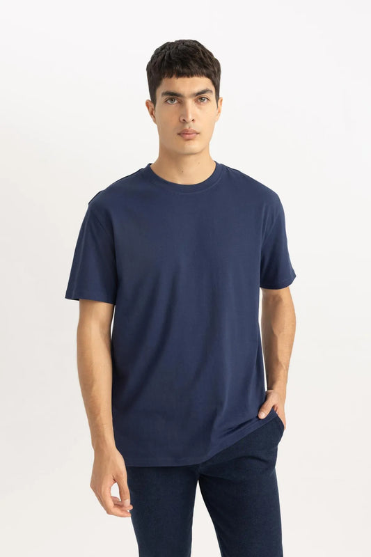 Defacto Men's Nave Blue New Regular Fit 100% Cotton T-Shirt