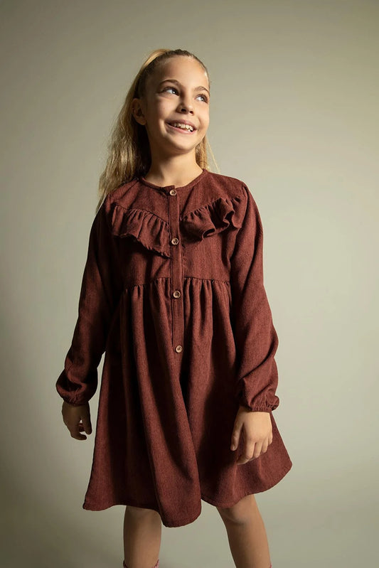 Defacto Girl's Brown Long Sleeve Velvet Dress