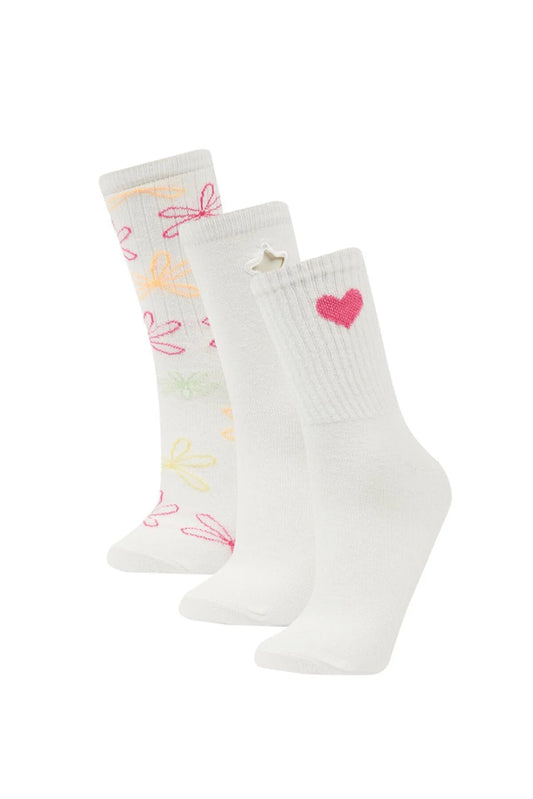 Defacto Women's Embroidery 3-Piece Cotton Long Socks