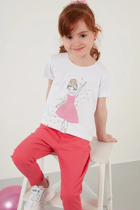 Lela Girl's White Printed Crew Neck Cotton T-shirt