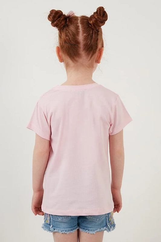 Lela Girl's Pink Printed Crew Neck Cotton T-Shirt