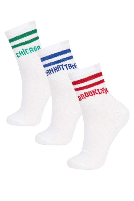 Defacto Women's Striped 3-Piece Cotton Socks