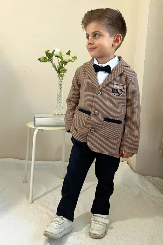 Pollito Boy's Beige Navy Blue Striped Two Pocket Jacket 4-Piece Suit