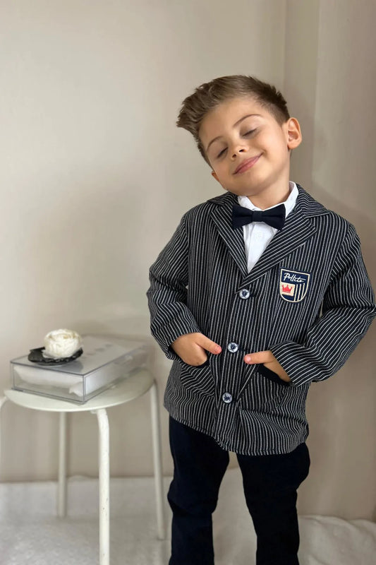 Pollito Boy's Dark Navy Blue Striped Two-Pocket Jacket 4-Piece Suit
