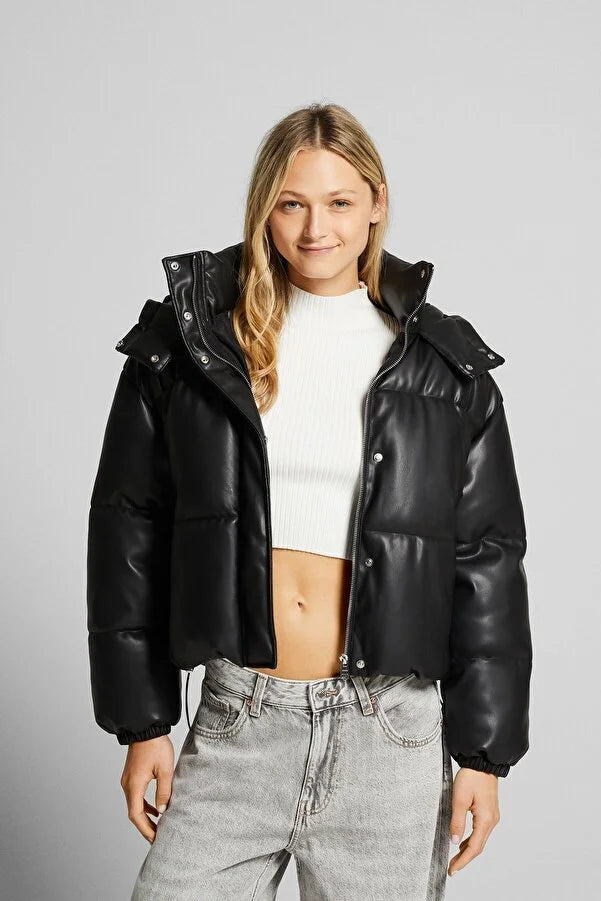 Faux leather puffer jacket with hood sale